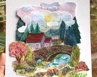 Original Cottage Landscape Folk Paper Collage Art: Collectible Nature Wall Art