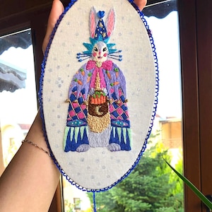 Hand Embroidered Bunny Wall Hanging: Beaded Nursery Decor (44x15.5cm)