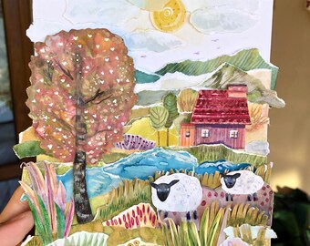 Original Landscape Layered Paper Collage Art: Hand Painted Mixed Media, Collectible Wall Art
