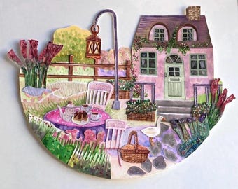 Cottage Garden Layered Paper Collage Art: Pink Tea Party Collectible Wall Art Decor