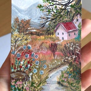 Mini peinture de paysage, peinture acrylique originale sur papier ACEO, oeuvre d'art minuscule de collection, peinture de campagne, mini oeuvre d'art peinte à la main mignonne