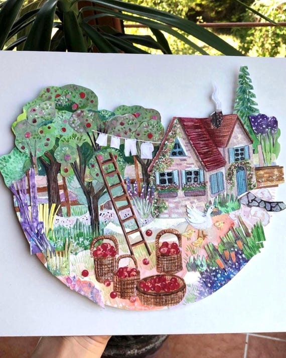 Original Apple Tree Garden Scene Layered Paper Collage Art: Mixed Media Cottagecore Wall Art