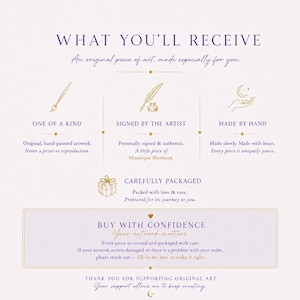 May include: An informational graphic with dark purple text on a light background. It outlines service details including original hand-painted artwork, artist signature, handmade quality, and careful packaging, concluding with a buy with confidence section.