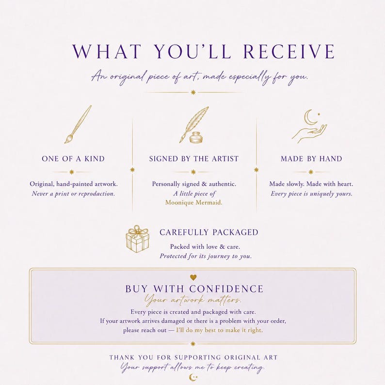 May include: An informational graphic with dark purple text on a light background. It outlines service details including original hand-painted artwork, artist signature, handmade quality, and careful packaging, concluding with a buy with confidence section.