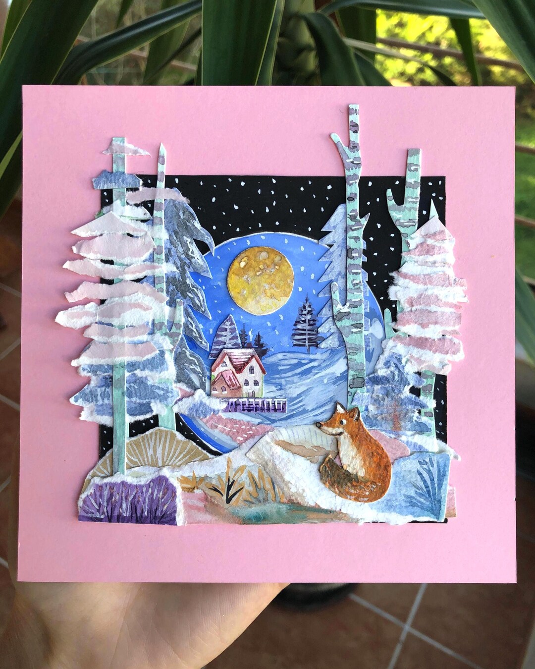 Layered Paper Collage Art - Magical Winter Fox Scene, Mixed Media ...