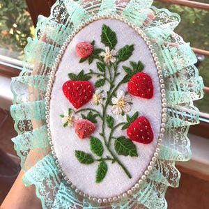 Original Strawberries hand embroidered wall hanging art, Handmade textile wall decor, Coquette vintage style wall art, Fabric wall painting