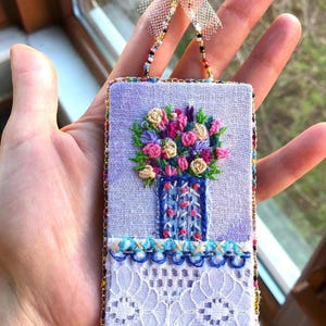 Hand Embroidered Fiber Wall Hanging, Cottagecore Flower Wall Art: Romantic Style Beaded Decor