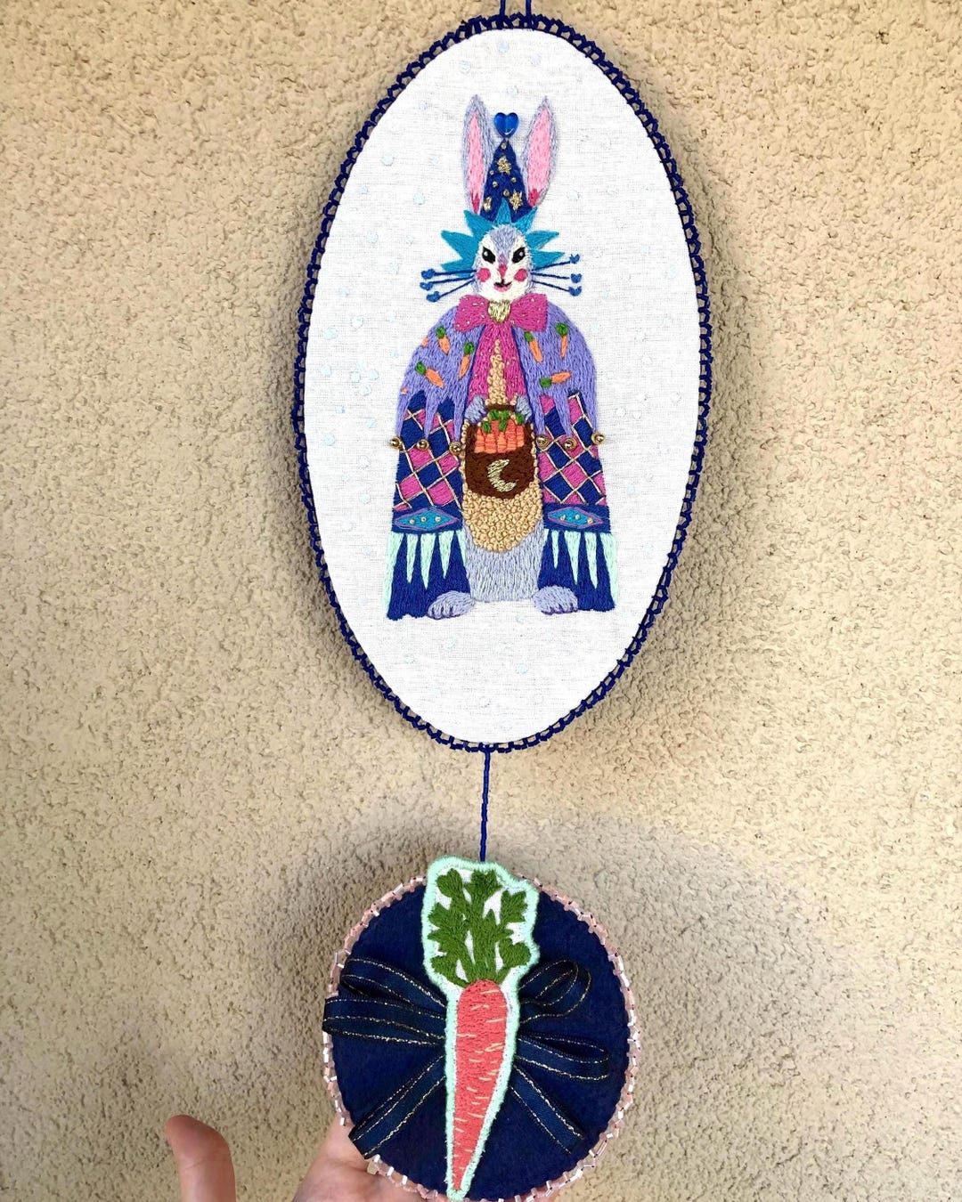 Whimsical Hand Embroidered Bunny Fabric Wall Hanging, One of A Kind ...