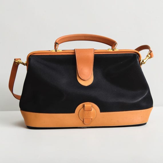 Vintage 1970s Courrèges Paris Leather Doctor Bag – Black Camel Top