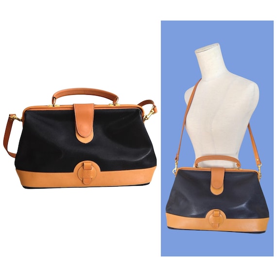 Vintage 1970s Courrèges Paris Leather Doctor Bag – Black Camel Top
