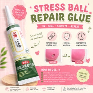 May include: A tube of stress ball repair glue with a white cap and a green and yellow label featuring Chinese text and the label NO:8206. The packaging includes instructions, icons for repair, adhesion, and setting time, and a before and after image.