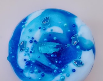 Jelly shark, jelly and butter slime hybrid. Scented nature and rain. Comes with cute shark charm, and shark sprinkles