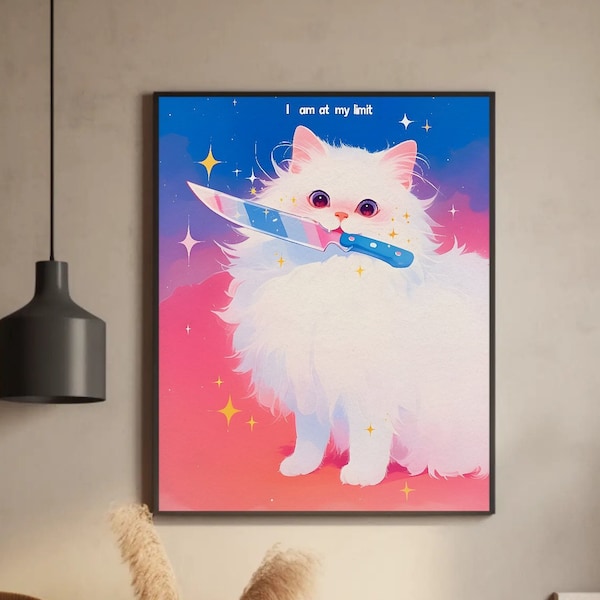 Cute cat reached its limit Humorous poster, Cat meme print, Kawaii cat art, Charming cat illustration, Cat lover decor, Funny cat painting