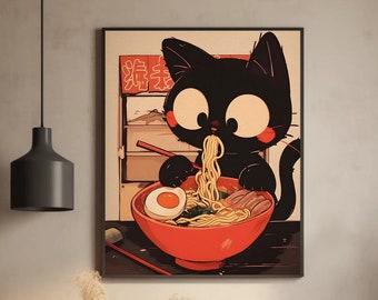 Japanese Noodle ramen Cat Poster: Anime Kitchen decor