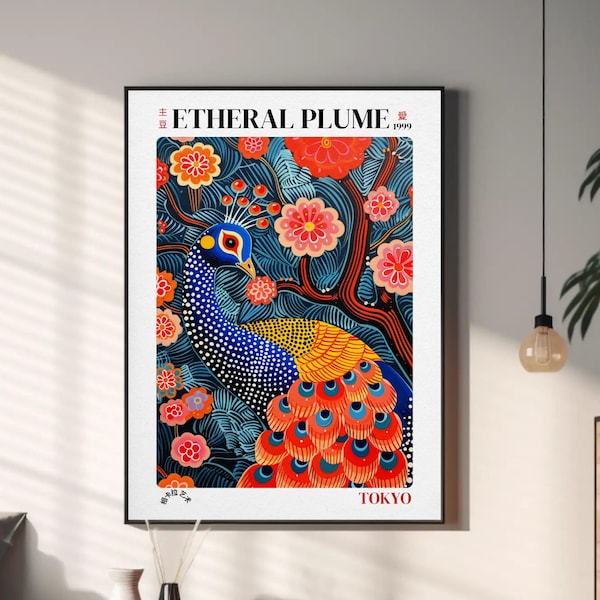 Peacock Original creation Polka dot art, Abstract Art, Peacock Poster, Japanese print, bird art print, Japanese Wall Art Living Room"