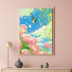 ツバメ鳥アニメウォールアート春の花ポスター日本の自然プリント空牡丹桜の花びらジブリスタイルかわいい装飾