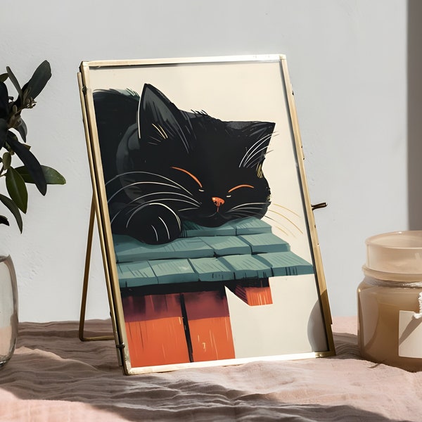Black sleepy cat illustrated art print, Cute cat sleeping, gift for cat lover cute cat poster Japanese  wall art, Relaxing cat poster