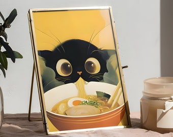 Black Cat eating noodles Poster, Ramen cat,Japanese Cat Poster, Cat for Kitchen Wall Art, Japanese Vintage Art, Close up cat, Anime art
