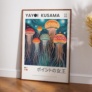 Yayoi Kusama Poster Qualle, abstrakte Wandkunst, japanischer Druck, Inspiration Kusama, psychedelische Punkte, buntes Dekor