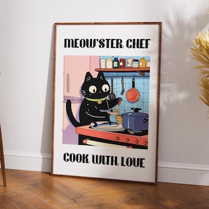Cat cooker, cooking art print, Cat cooking Illustration Poster, Kitchen Decor, Dining Room Wall Art, Cat Mom Gift
