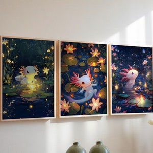 Axolotl-kunstafdruk, set van 3 axolotl-poster, amfibieënkunst, axolotl-poster, axolotl-kleuren, waterverfschilderij, axolotl-kinderen, digitale print