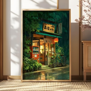Anime Cafe Wanddekor, Fahrrad Poster, Ghibli, Anime Style, Straßencafe-Szene Wand-Kunst-Druck, modernes Ukiyo-e-Dekor-Plakat, gemütliches Ladenplakat