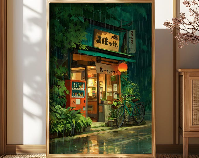 Décoration murale de café anime, affiche de vélo, ghibli, style anime, impression d'art mural scène de café de rue, affiche de décoration moderne Ukiyo-e, affiche de boutique confortable