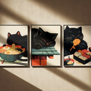 Japanese  Noodle Cat Poster, Sleeping cat, Japanese Cat Poster, Cat for Kitchen Wall Art, Japanese Vintage Wall Art, Art Cat Japanese