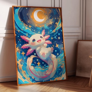 Axolotl art print, good night poster, amphibian art, Axolotl poster, axolotl coloring, water painting, axolotl kids, Digital Print