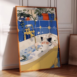 stampa vasca da bagno gatto, stampe animali vasca da bagno, gatto sul water, stampa divertente bagno, stampa gatto carino, arte gatto nella vasca da bagno, arte animale stravagante