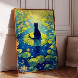 Póster de gato lofi, impresión de gato negro, póster de estanque de gatos, póster de nenúfar, obra de arte de ensueño, decoración del hogar, póster de anime, amante de los gatos, arte de la habitación de los niños