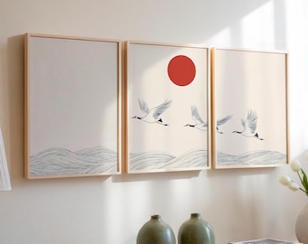 3er Set Japanische minimalistische Wandkunst - Elegante Kraniche, japanische Rote Sonne