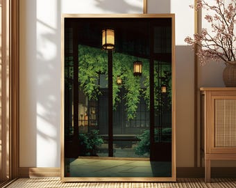 Japanese Zen Garden Print, Traditional Asian Lantern Decor (Digital Download)