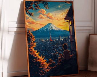 Lofi Girl & Cat Anime Print: Tokyo View, Mt. Fuji (Digital Download)