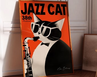 Jazz cat wall art print: New Orleans poster, retro saxophone decor, music animal art