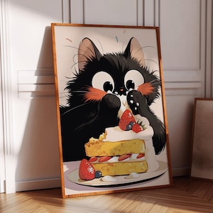 ケーキを食べる猫のプリント、かわいい黒猫のポスター、キッチンの壁アートの猫、食べる猫の絵、トレンディな壁アート、かわいいアニメアート、誕生日ケーキ
