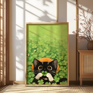 アニメの幸運の黒猫のアートプリント、クローバーのポスター、かわいい動物の壁飾り、四つ葉のクローバーのイラスト、和風の猫好きへのギフト