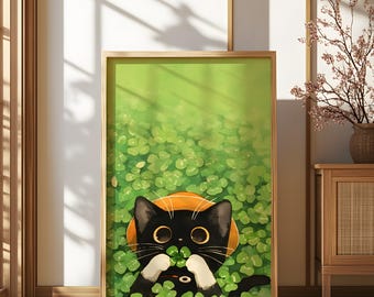 アニメの幸運の黒猫のアートプリント、クローバーのポスター、かわいい動物の壁飾り、四つ葉のクローバーのイラスト、和風の猫好きへのギフト