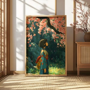 日本のアニメの女の子の壁アート、桜のポスター、アニメの美的プリント、桜の着物の装飾、ジブリスタイル、日本の自然、春のアートワーク