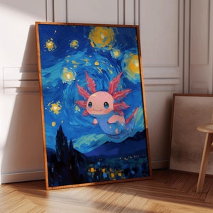 Axolotl-kunstafdruk, van Gogh-sterrennacht kunst aan de muur, axolotl-poster, amfibieënkunst, galaxie modern, axolotl-kinderen, digitale print