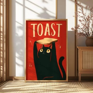 Funny black cat holding toast art print, quirky kitchen wall decor, vintage cartoon poster, cat lover gift, cute food illustration