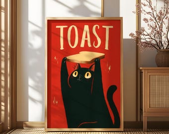Funny black cat holding toast art print, quirky kitchen wall decor, vintage cartoon poster, cat lover gift, cute food illustration