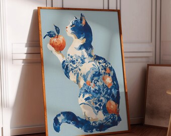 猫のアートプリント、磁器スタイル、母の日の猫、ピーチキャットポスター、アジアの壁アート、桃の果物、アジアアート、壁の装飾、エレガントな猫のアートワーク