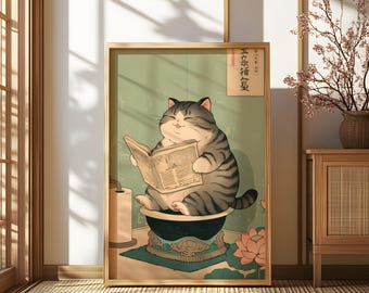 Quirky Tabby Cat Toilet Poster: Japanese Onsen Illustration, Lotus Zen Bathroom Art