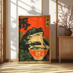 Retro Frog Ramen Poster, Frog Eating Ramen Print, Ramen Noodles Wall Art, Quirky Kitchen Decor, Japanese Inspired Poster, Unique Wall Art