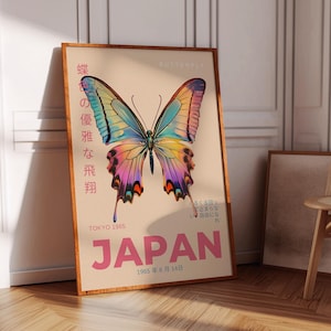 May include: A vintage poster with a colorful butterfly illustration and the text "BUTTERFLY" and "JAPAN" in pink. The poster also includes Japanese text and the date "1965年6月14日".