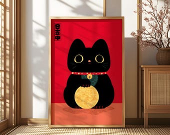 Arte mural de gato negro Maneki Neko: ilustración de gato de la suerte japonés, decoración minimalista japonesa