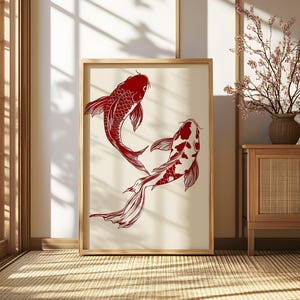 koi fish wall art, koi fish print, red koi poster, Japanese wall art, Japanese folklore, Trendy wall art, Wabi sabi art, fish wall art
