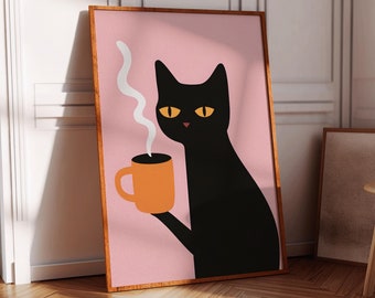 コーヒー猫のプリント、朝のポスター、不機嫌な猫のポスター、キッチンの壁飾り、アニメ猫、コーヒー好き、エスプレッソのポスター