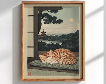 Japanese Woodblock Cat Poster: Sleeping Orange Tabby cat decor